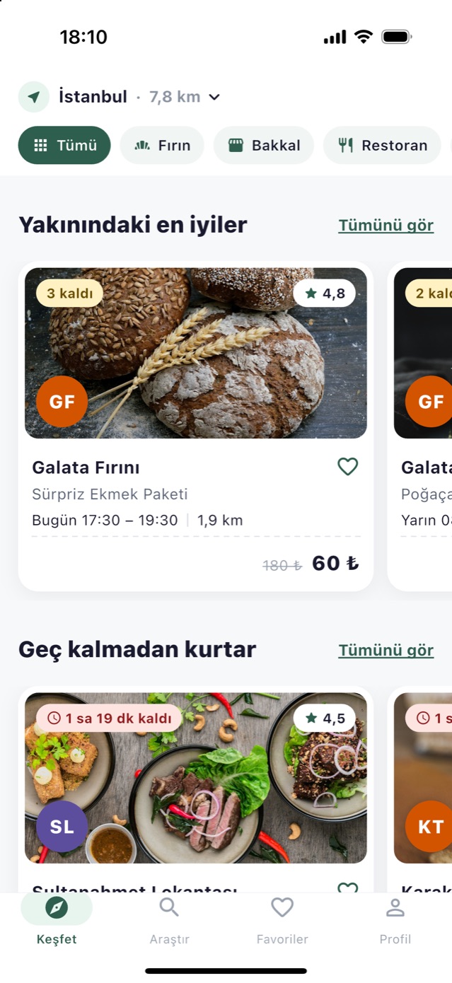 Doydostum uygulamasının ana sayfası: yakındaki fırın ve restoranların sürpriz paketleri